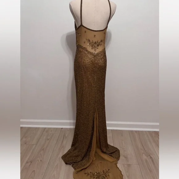 Vintage 100% Silk Beaded Dress Gold Beaded Dress Train Sheer Silk Fairy Prom - Picture 11 of 17